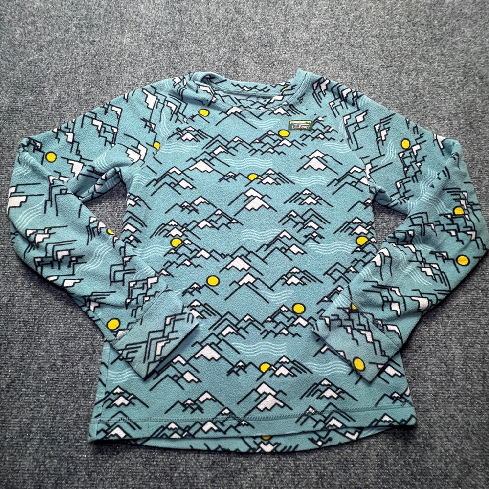 LL Bean Kids Fleece Pullover Mountain Print Blue Teal Size M 10-12 Winter Ski